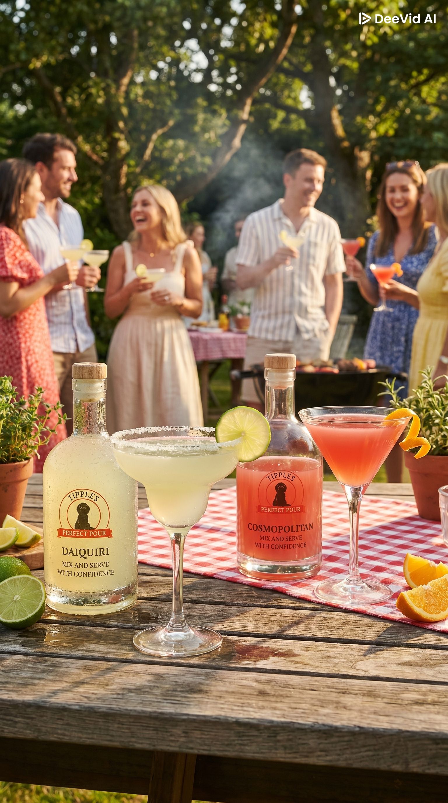 People enjoying a outdoor gathering with cocktails and drinks on a wooden table.